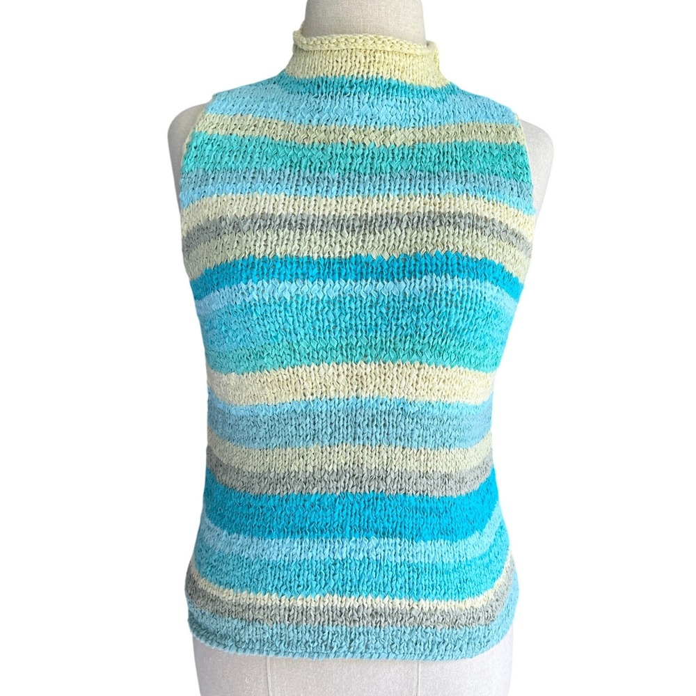 Vintage Sigrid Olsen Knit Tank Top XS Blue Stripe Mock Neck Y2K Coastal Mermaid